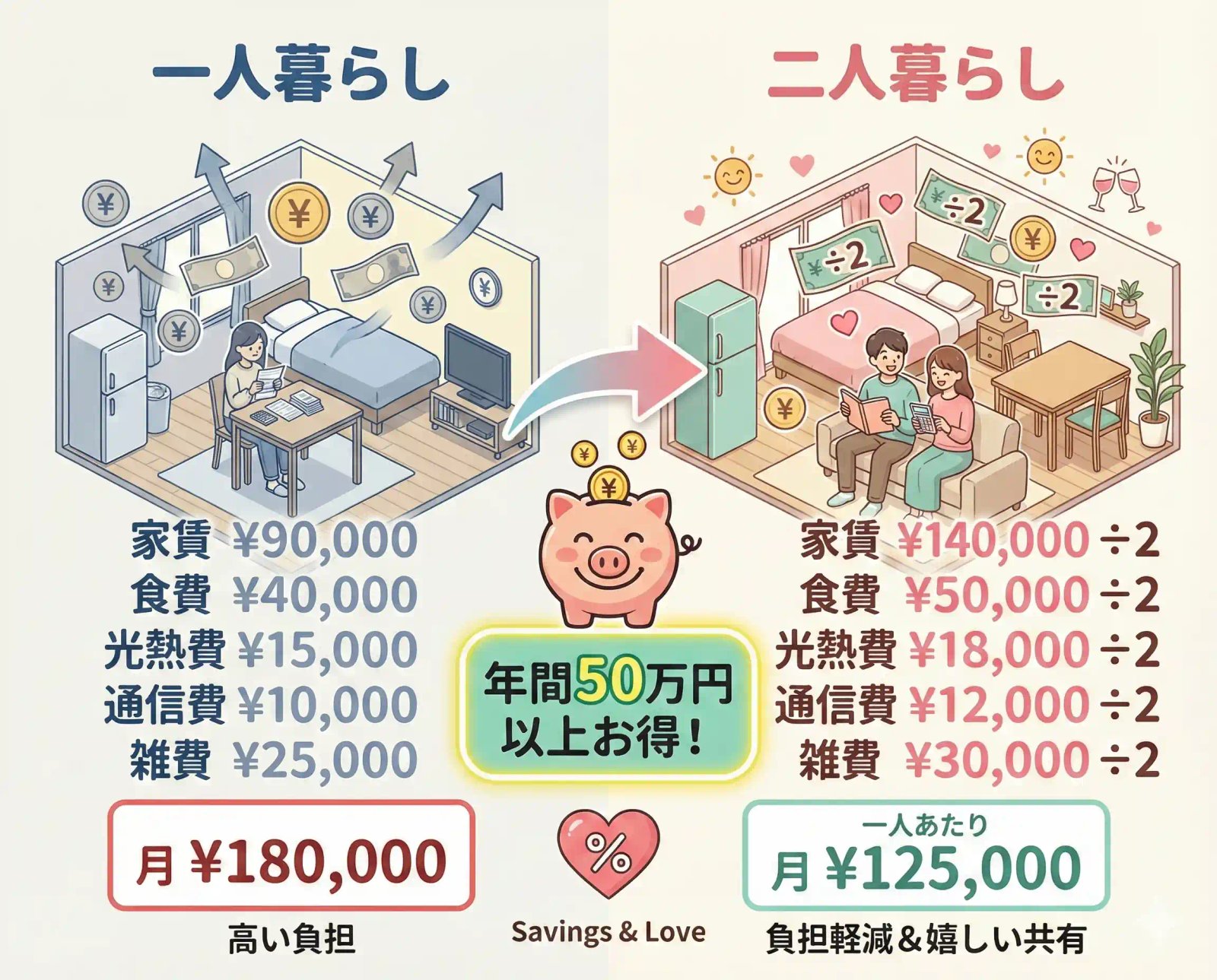 一人暮らしと二人暮らしの費用比較